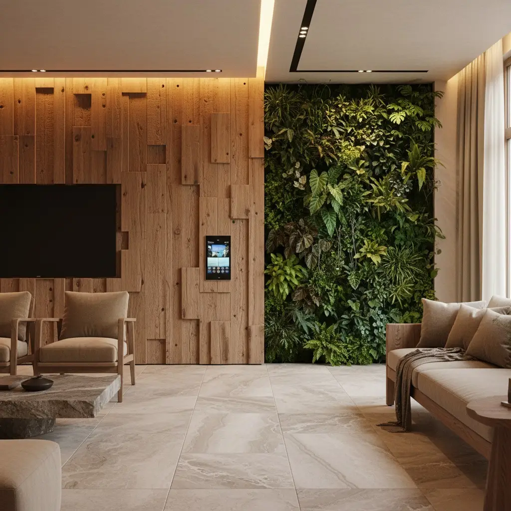 Sustainable luxury interior design featuring reclaimed materials and biophilic elements