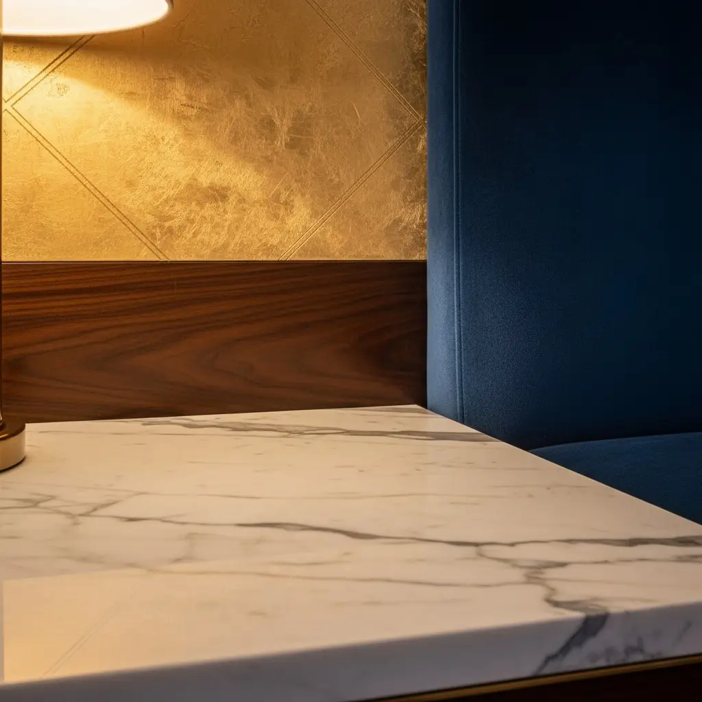 Premium luxury interior design materials including marble, gold leaf, velvet, and rare wood