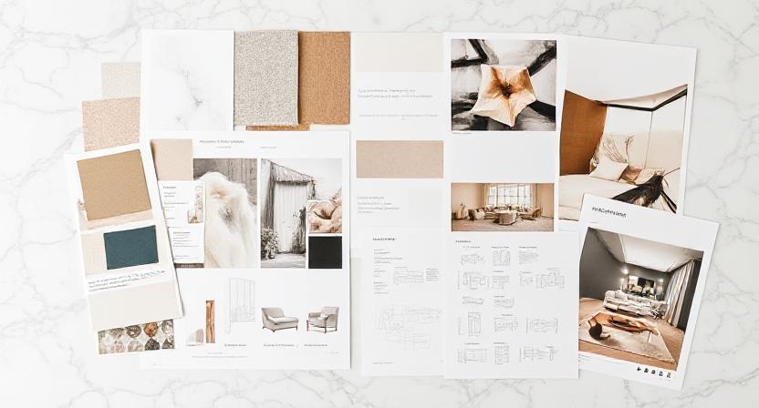 Interior design planning materials including samples, sketches, and budget documents