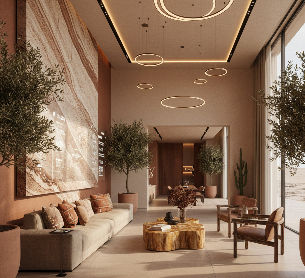 Contemporary Dubai villa showcase featuring 2025 design trends including earthy desert tones, bespoke furniture, smart home technology, and biophilic elements with natural stone and organic textures