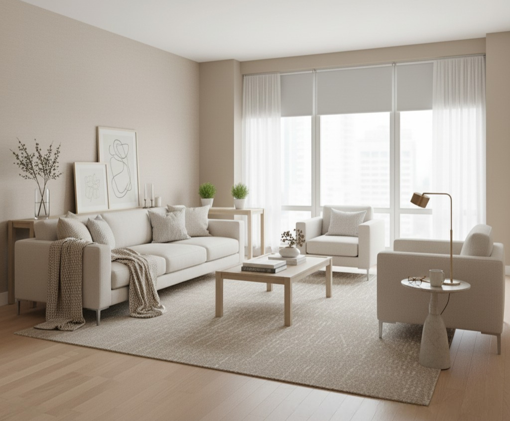 A 'before' image of a city penthouse living room. The space is large and features floor-to-ceiling windows with a city view, but is currently sterile with plain beige walls, a neutral rug, and a set of uninspired, light-colored modern furniture.