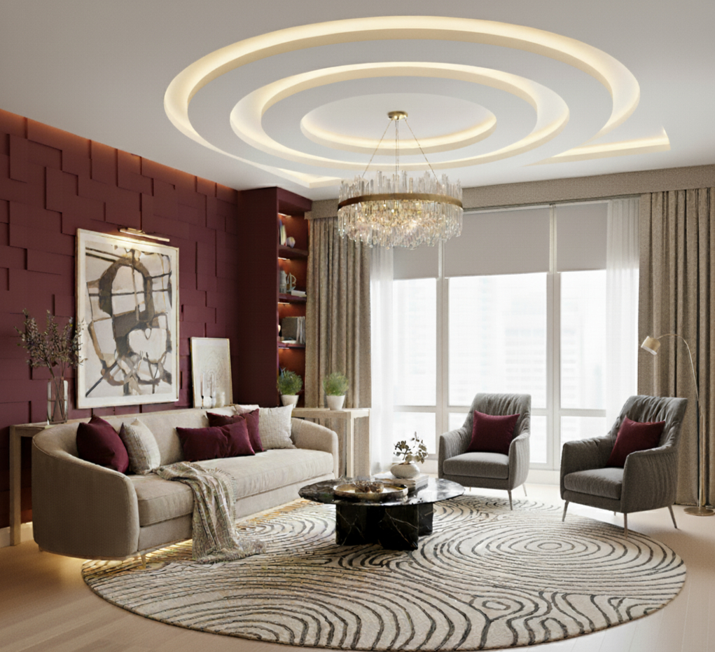 A vibrant "after" image of a city penthouse living room, dramatically transformed with a 3D cladded wine red feature wall showcasing abstract art. The room now boasts a curved beige sofa with wine red cushions, two organic-shaped grey armchairs, a round black marble coffee table, and a matching round rug with an organic pattern. The ceiling features a round LED-lit false ceiling with a central gold-crystal chandelier, creating a luxurious and inviting atmosphere.