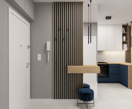 minimalist hallway with wood cladding feature wall and wrap-around shelf, modern apartment Interior Design in Lodz, Poland