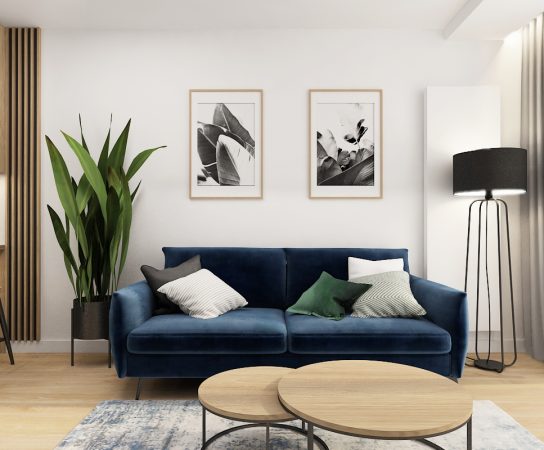 Minimalist living room with double rounded coffee table beige wooden floor and dark blue sofa, contemporary apartment Interior Design in Lodz, Poland