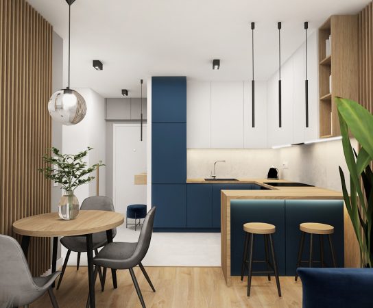 minimalist open plan kitchen with beige wooden cladding and royal blue kitchen cabinets, contemporary apartment Interior Design in Lodz, Poland