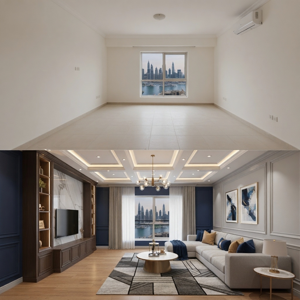 Before and after transformation of Dubai Marina apartment showing developer standard space converted to luxurious custom interior design