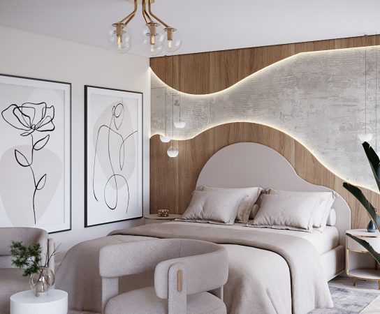 Bedroom with curved headboard, wood accent wall, and ambient lighting, luxury property interior Solihull apartment interior design in West Midlands