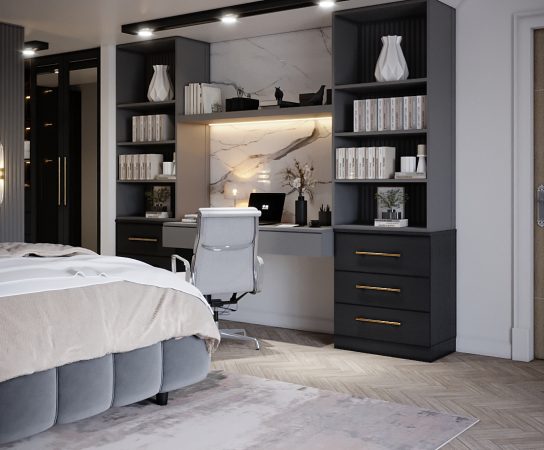 Bedroom office with dark built-in shelving and marble-effect backsplash, elegant home design West Midlands apartment interior design in West Midlands