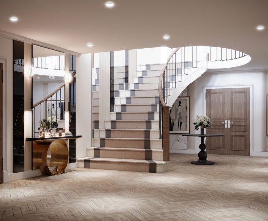 Hallway with curved staircase and herringbone wood floor, elegant home design West Midlands apartment interior design in West Midlands