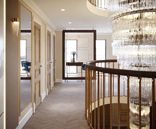 Landing with massive glass chandelier over the staircase and chevron flooring, luxury property interior Solihull apartment interior design in West Midlands