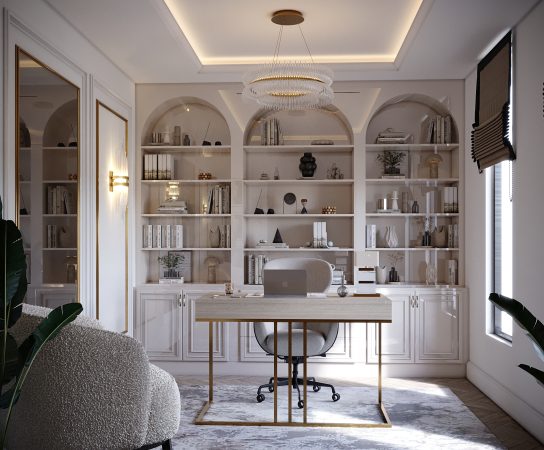 Library office with arched built-in shelving and a gold-framed desk, luxury property interior Solihull apartment interior design in West Midlands