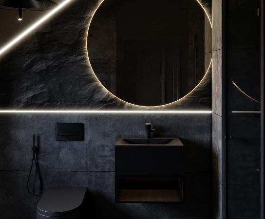 Loft bathroom with a sloped ceiling, black fixtures, and white marble flooring, luxury property interior Solihull apartment interior design in West Midlands