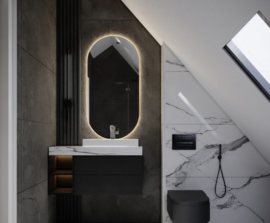 Loft bathroom with all-black fixtures, illuminated circular mirror, and neon strip lighting, elegant home design West Midlands apartment interior design in West Midlands