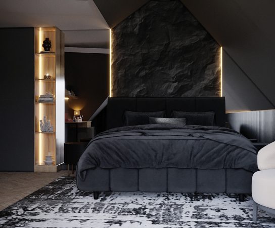 Loft bedroom with a dark rock accent wall, black velvet bed, and sloped ceiling, luxury property interior Solihull apartment interior design in West Midlands