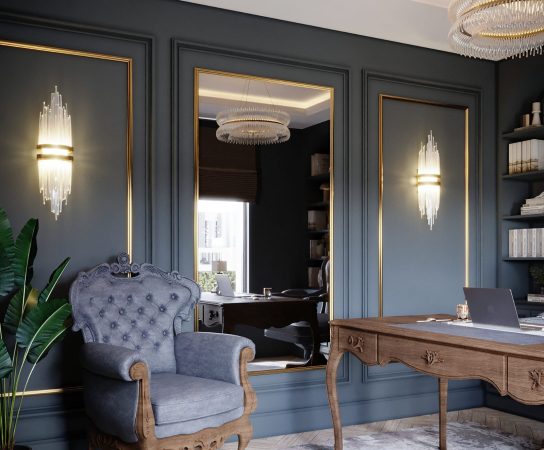 Home office with dark paneled walls, gold trim, and a classic tufted armchair, luxury house interior design Solihull apartment interior design in West Midlands