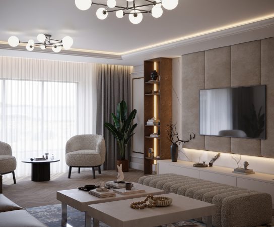 Reception room with paneled accent wall, modern globe lighting, and neutral lounge chairs, luxury house interior design Solihull apartment interior design in West Midlands