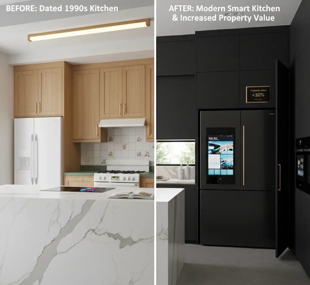 Kitchen renovation before and after comparison showing ROI