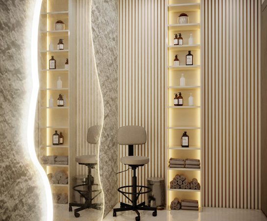 Facial room with cladded feature wall and led-lit shelves, LED-lit stone wall with large floor to ceiling mirror, luxury beauty salon interior design in Dubai