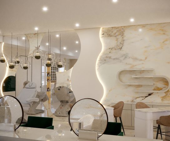Luxury manicure station with wave-shaped mirrors and walls and marble wall, luxury beauty salon interior design in Dubai
