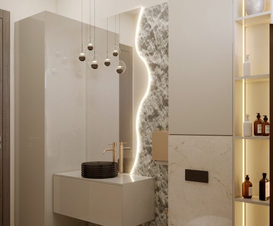 Bathroom with beige high gloss tiles and led accent lights, luxury beauty salon interior design in Dubai