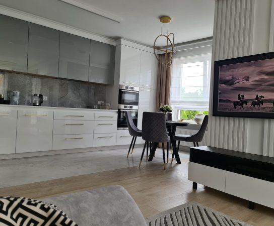 Open plan kitchen / dining / living room with neutral colours high gloss white / grey kitchen cabinets - - Modern Apartment interior design in Warsaw, Poland