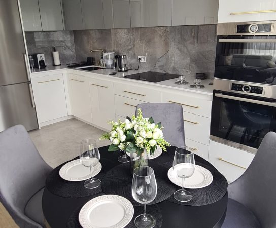 Open plan neutral colors kitchen with grey and white cabinets - - Modern Apartment interior design in Warsaw, Poland