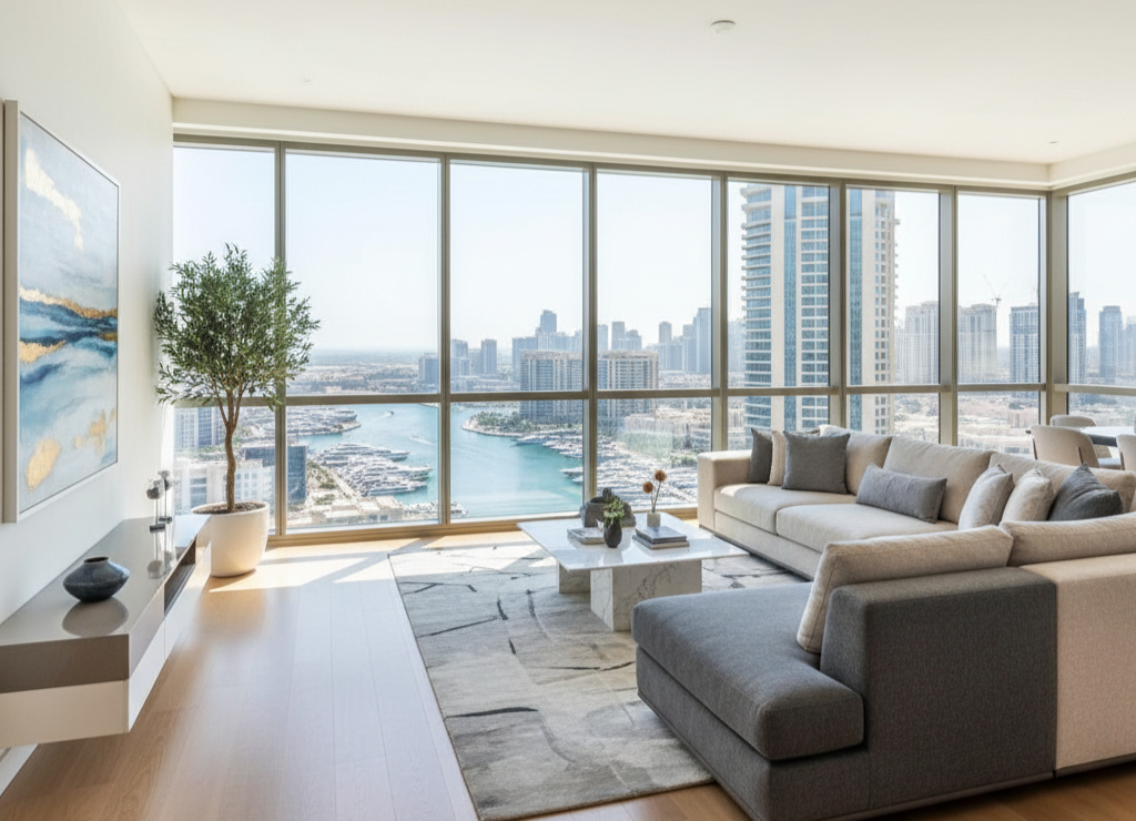 Luxurious Dubai Marina apartment interior design featuring floor-to-ceiling windows with panoramic marina views, contemporary furniture, and sophisticated neutral colour palette