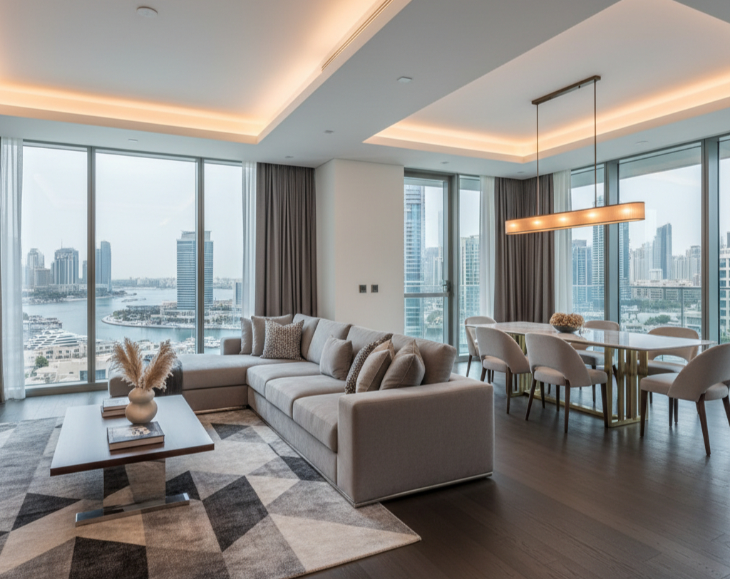 Open-plan Dubai Marina apartment interior design showing clever zoning of living and dining areas using furniture placement and area rugs