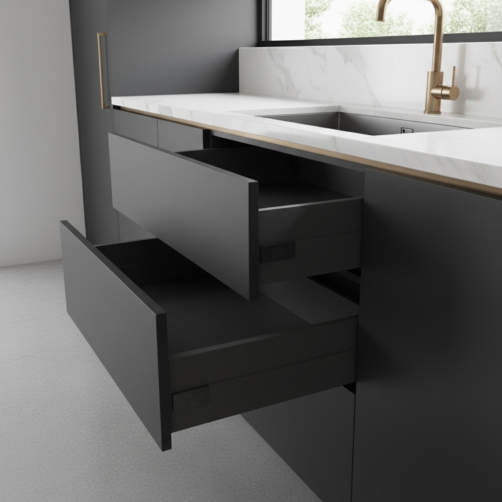 Premium kitchen cabinet hardware and mechanisms