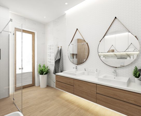 Scandinavian style bathroom, wood effect tiles, white hexagonal wall tile, double sink vanity, round mirrors.