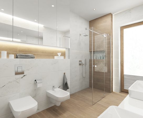 Bright modern bathroom, marble effect white tiles, wood look shower wall, walk-in shower, bidet.