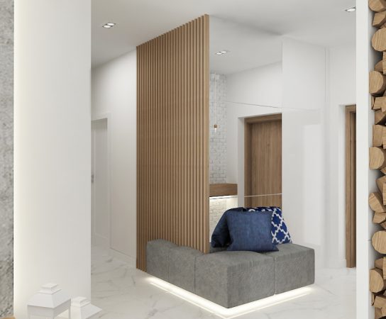 Scandinavian entryway, marble floor, wood slat screen, seating bench with blue cushion, decorative firewood.