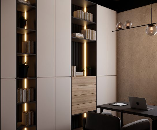Accountant's office interior, minimalist beige and wood cabinets, vertical lighting, custom storage, dark ceiling.