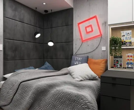 Grey Bedroom for a boy with upholstered feature wall and stone-like wallpaper in grey, neutral colours, modern apartment design Gibraltar