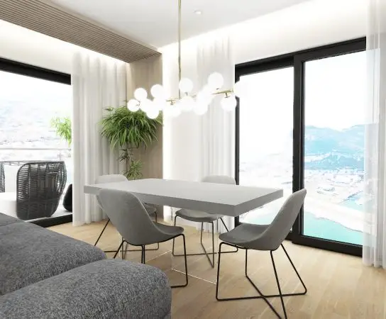 Dining room with a view, white table and grey chairs, modern apartment interior design in Gibraltar