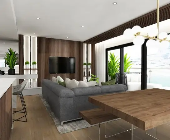 Open plan living room kitchen with grey sofa, marble kitchen island and wood clading TV feature wall, luxury small apartment Gibraltar with sea view