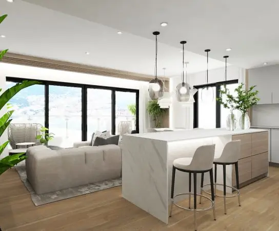 Open plan kitchen / living room with marble kitchen island, white kitchen cupboards and beige sofa on wooden floor with rug, contemporary apartment interior design in Gibraltar