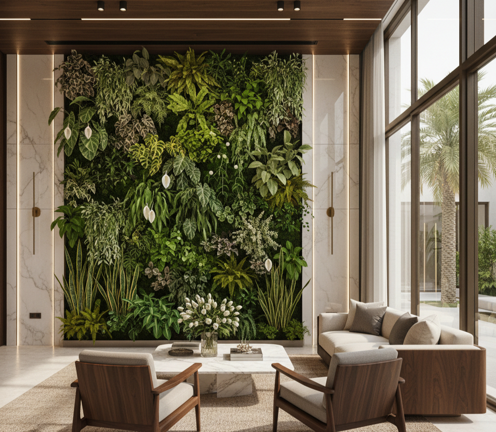 Luxurious Dubai villa interior with living green wall, various air-purifying plants including snake plants and peace lilies integrated into modern design with natural lighting