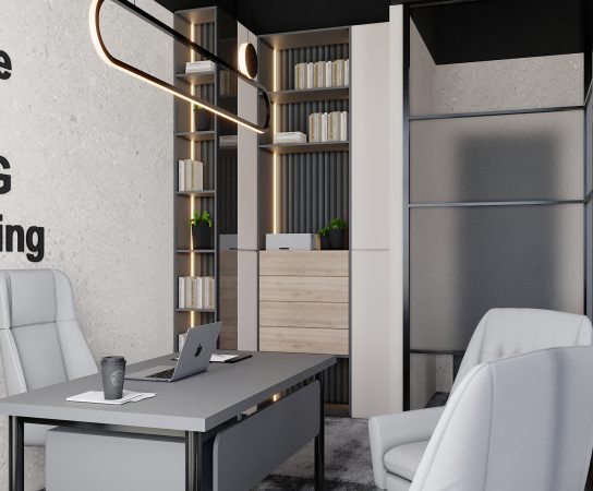 Modern sales office interior, grey desk, white ergonomic chairs, built-in shelving, linear pendant light.