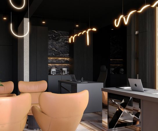 Executive office desk, white desk, black marble floor, subtle neon lighting, modern plants, commercial interior.