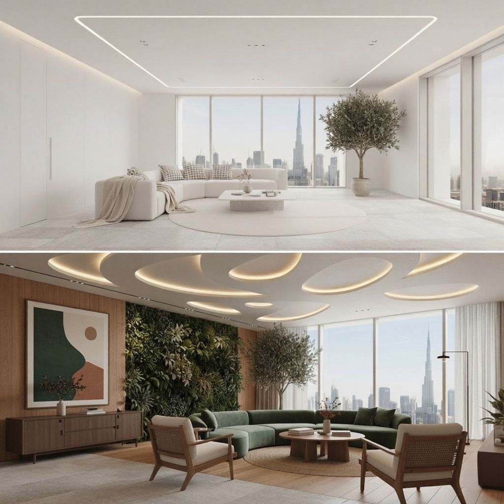 Before and after comparison of Downtown Dubai penthouse transformation showing stark minimalist space converted to lush biophilic sanctuary with living wall, olive trees, natural materials