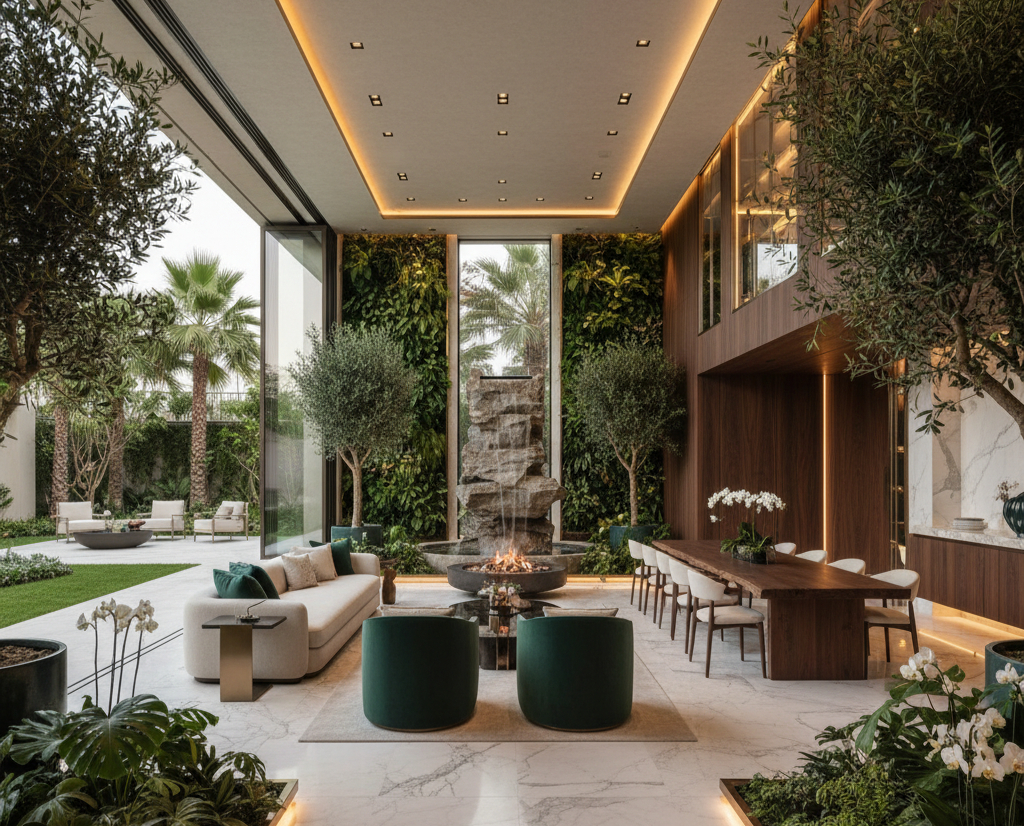 Stunning Dubai luxury residence interior seamlessly blending indoor and outdoor spaces with biophilic elements, featuring living walls, natural materials, water features, and abundant greenery creating ultimate wellness sanctuary