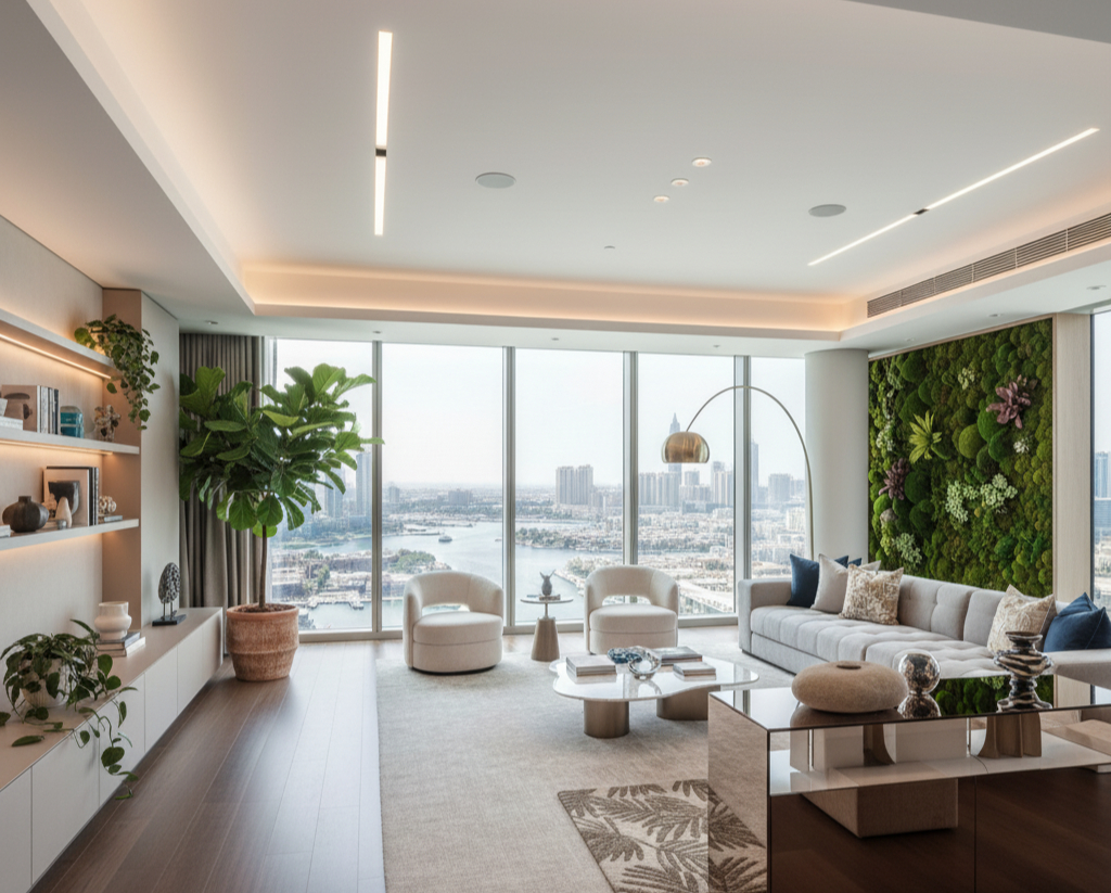 Dubai Marina apartment interior with floor-to-ceiling windows showcasing strategic natural light design, light shelves, and reflective surfaces creating bright, airy living space