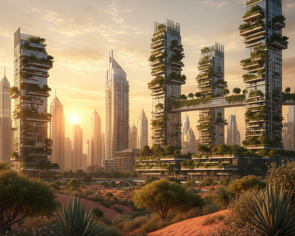 Dubai skyline at sunset showcasing modern architecture with focus on sustainable building practices and green spaces integrated into urban development