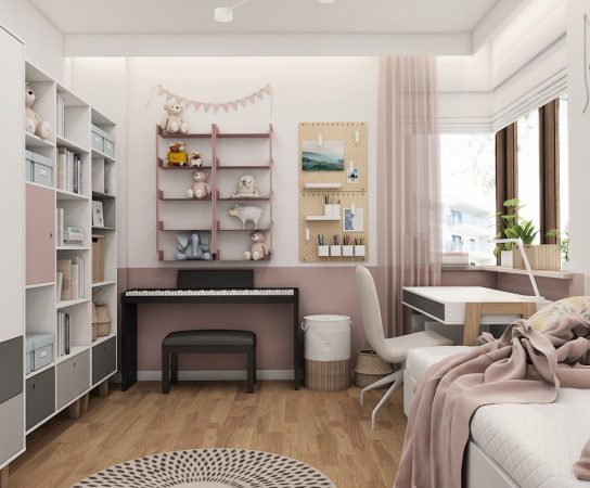 Custom children's room design in a Warsaw apartment with a playful pink and green color scheme and slatted wall paneling.