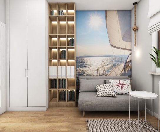 Stylish home office design in a Warsaw apartment featuring a built-in dark wood desk and wall unit with subtle lighting.