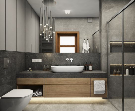Master bathroom design for a family apartment in Warsaw with white marble-effect tiling and a modern black-framed shower enclosure.