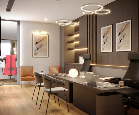 Modern executive office with a dark gray desk, sleek black executive chairs, leather guest chairs, and contemporary circular pendant lighting.