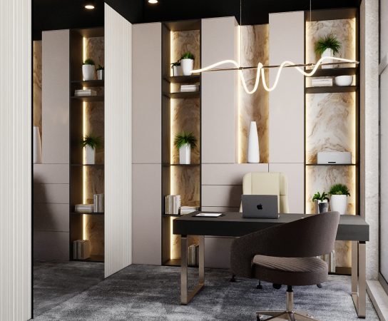 Executive office interior with a black desk, ergonomic chair, decorative shelving with marble-like back panels, potted plants, and a unique wavy LED light fixture.