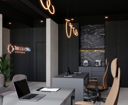 Luxury corporate office kitchen, dark black cabinets, marble backsplash, modern neon lighting, commercial design.